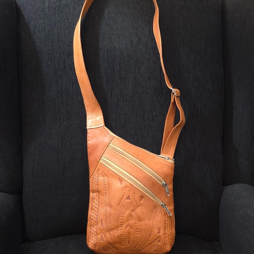 Tan Leather Tooled Sling Crossbody Bag
